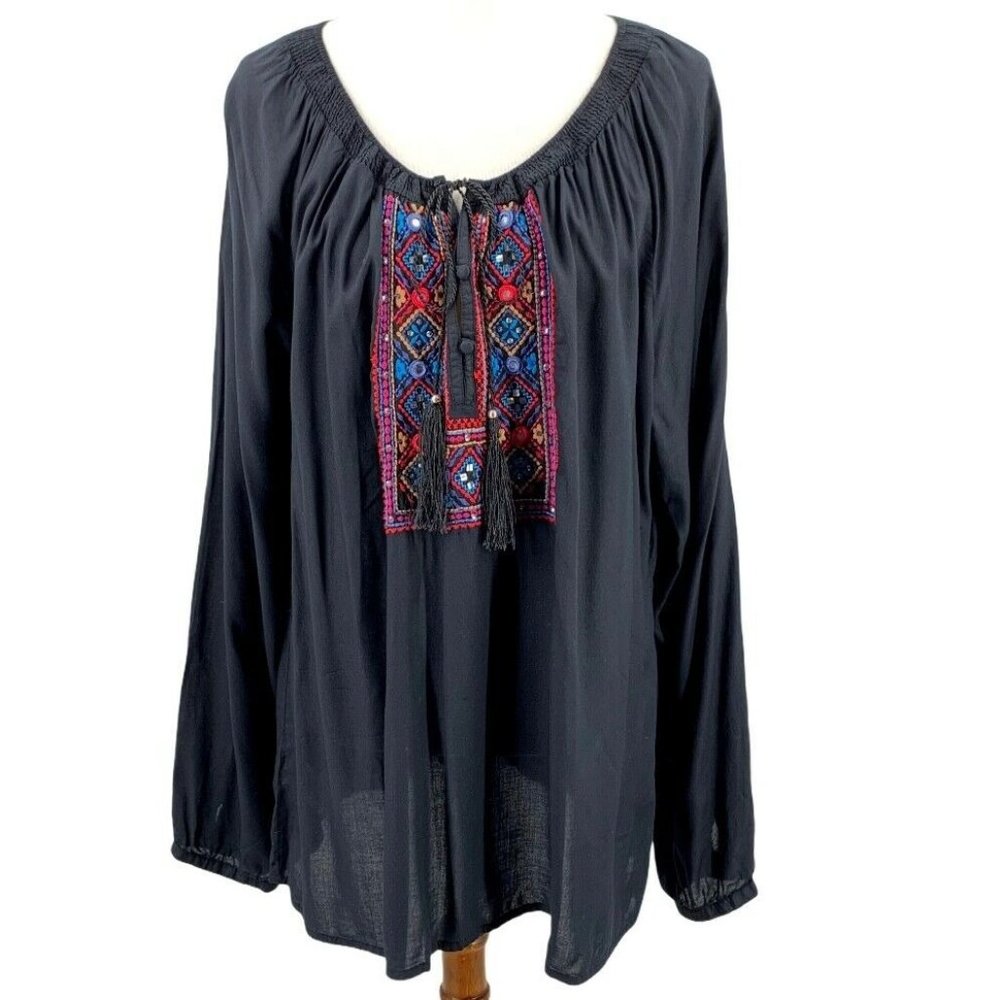 Long Tall Sally Black Embroidered Peasant Top 18